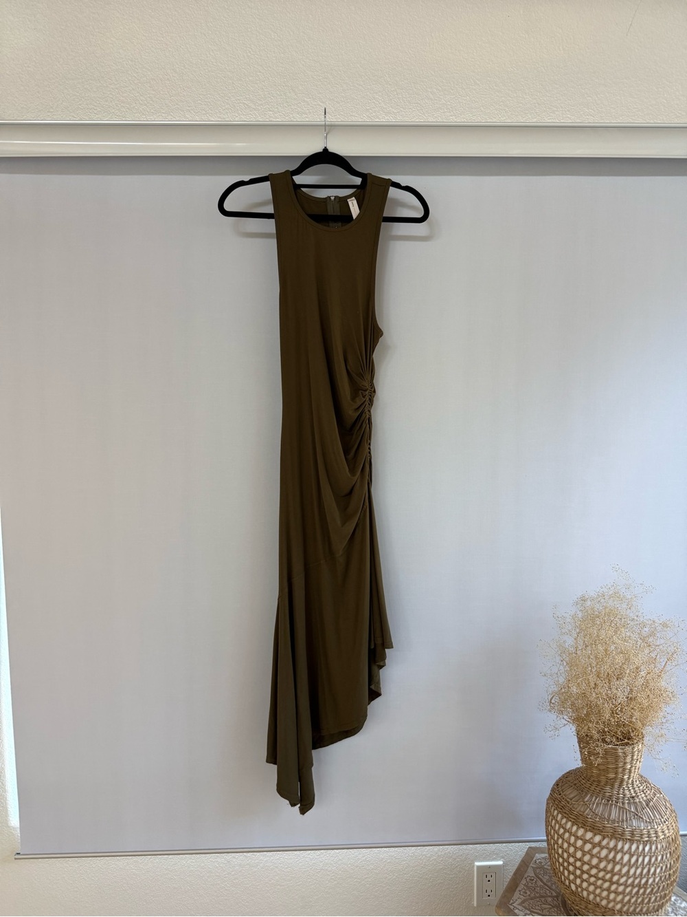 Asymmetrical Ruched Sleeveless Midi Dress - Olive Green